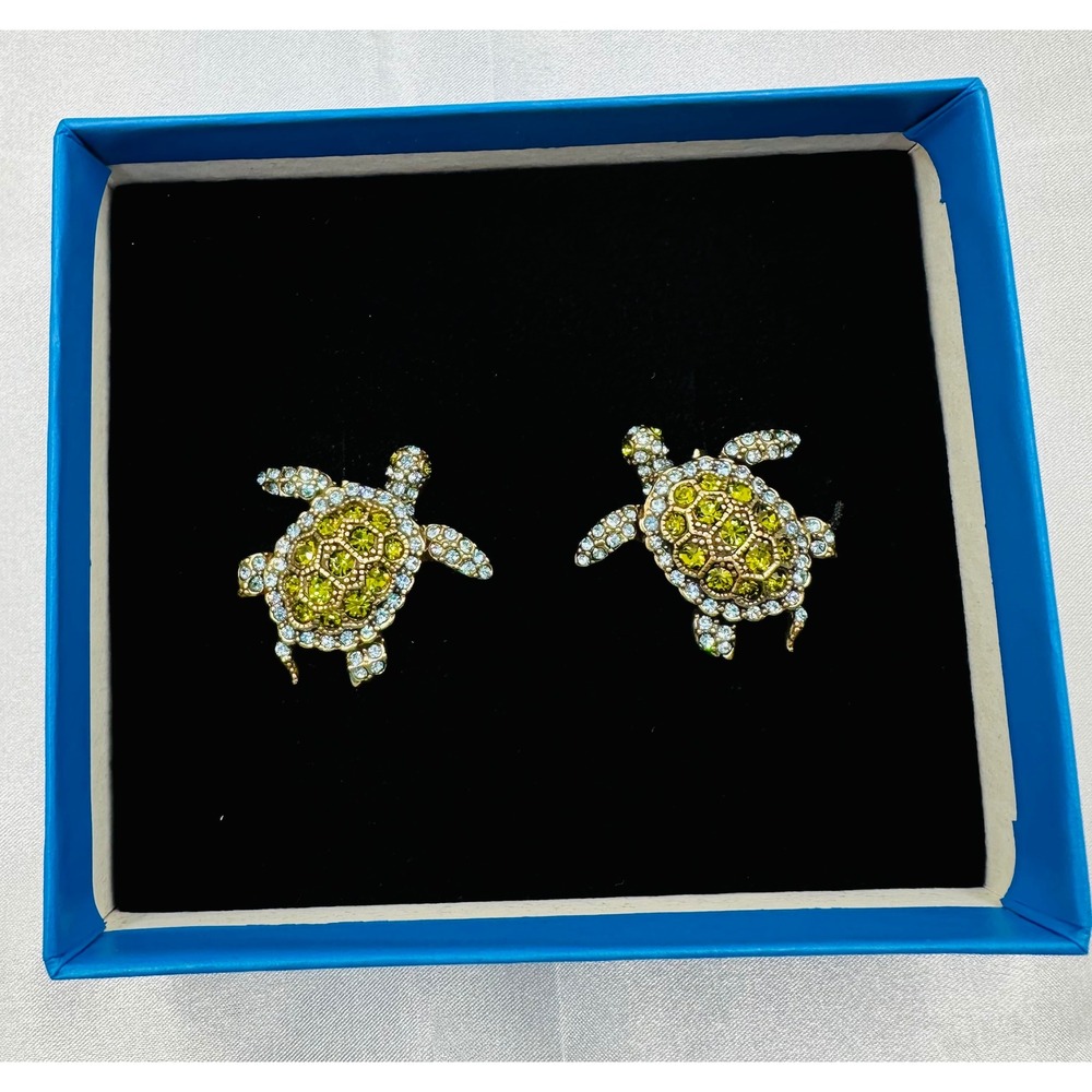 Heidi Daus Sea Turtle Crystal Earrings Gold Tone Green Blue Clip On Post Pierced